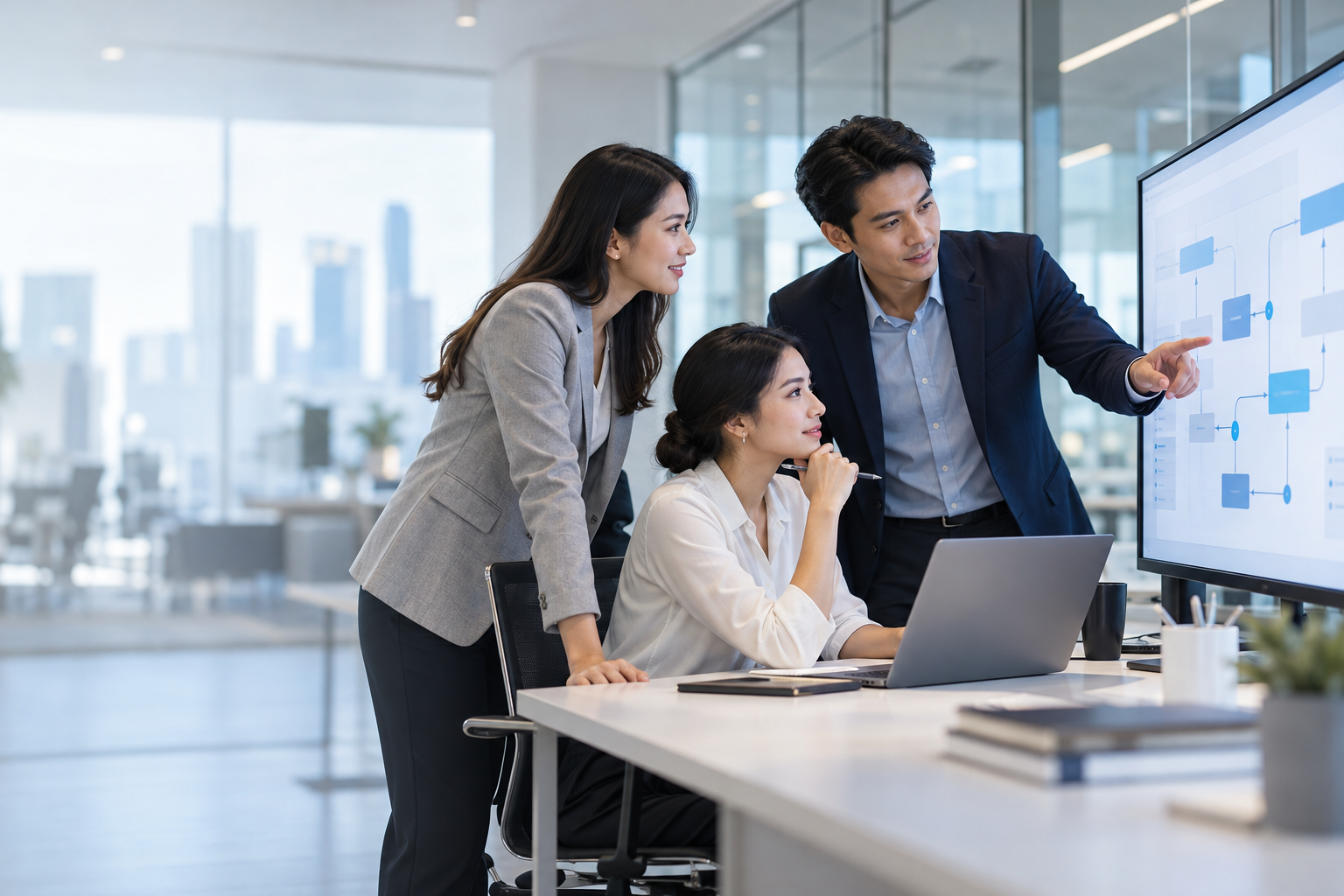 Business operations team reviewing a workflow dashboard together