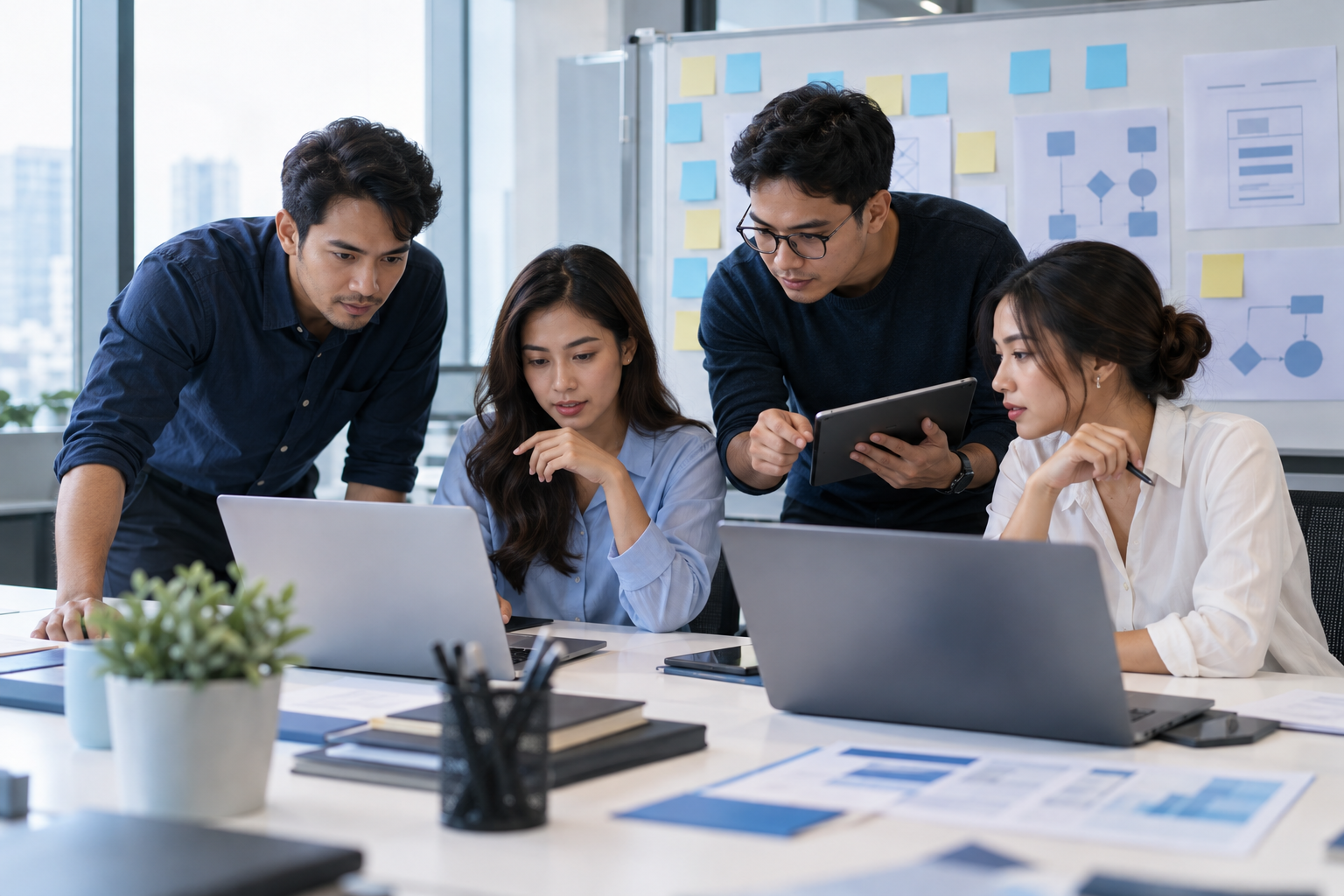 Software delivery team testing and discussing a business workflow