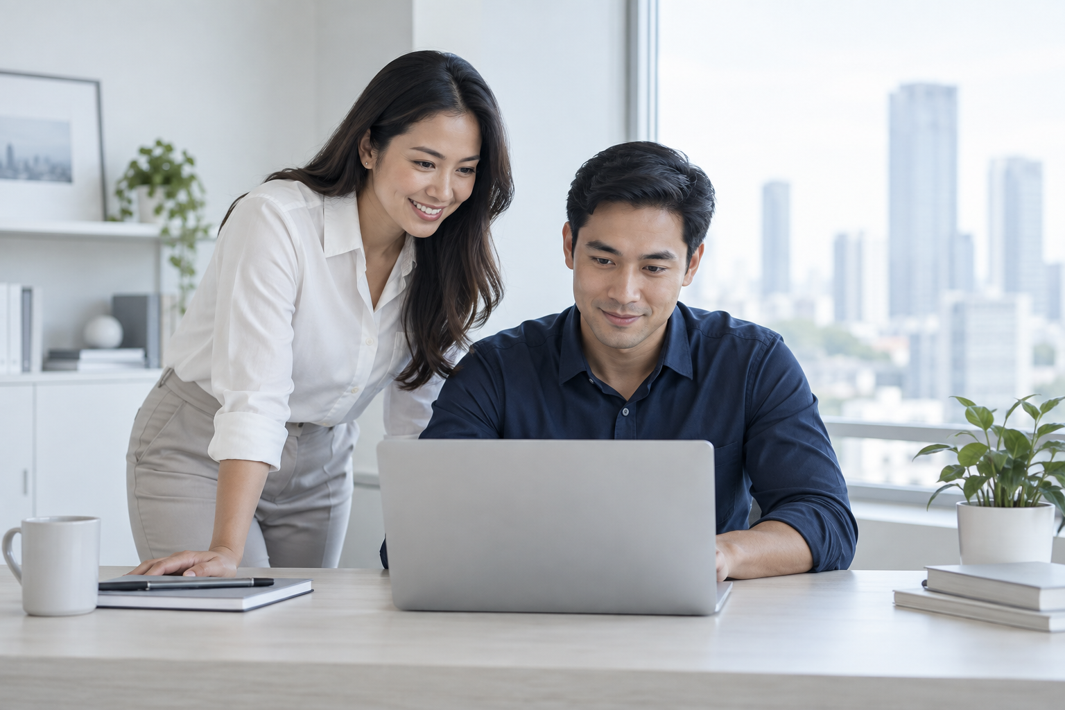 Business professionals collaborating on a laptop in a bright office