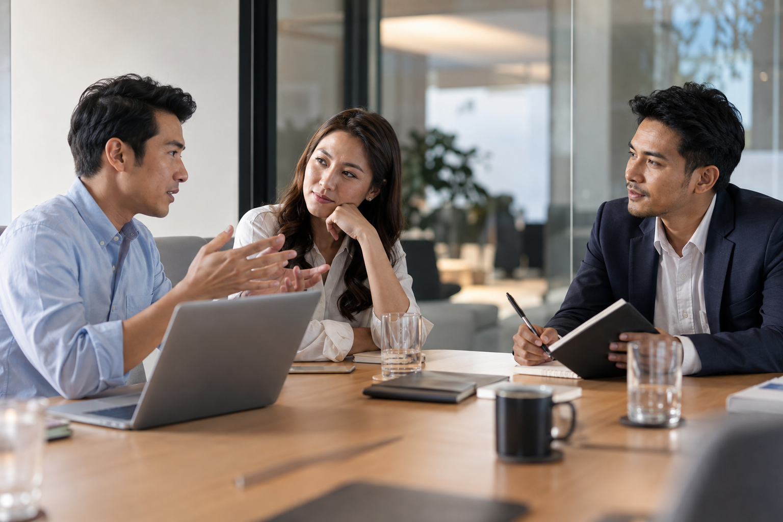 Software consultant and business leaders reviewing a business workflow together